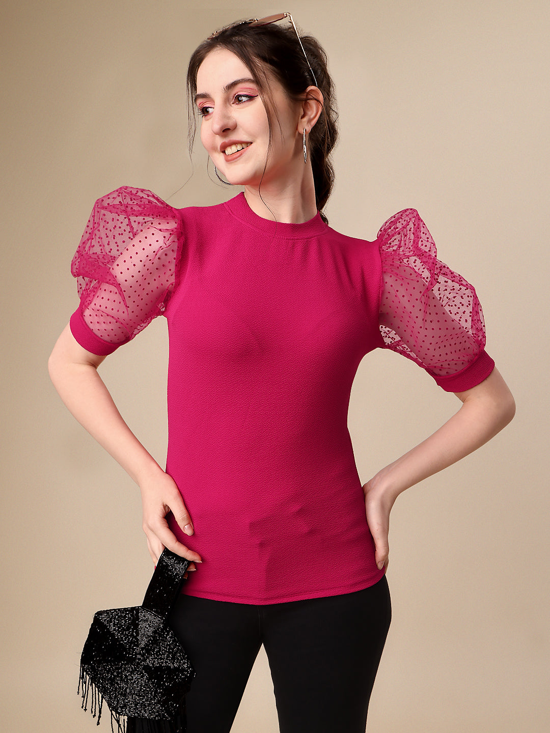 Slim Fit Puff Sleeves Round Neck Solid Women Top