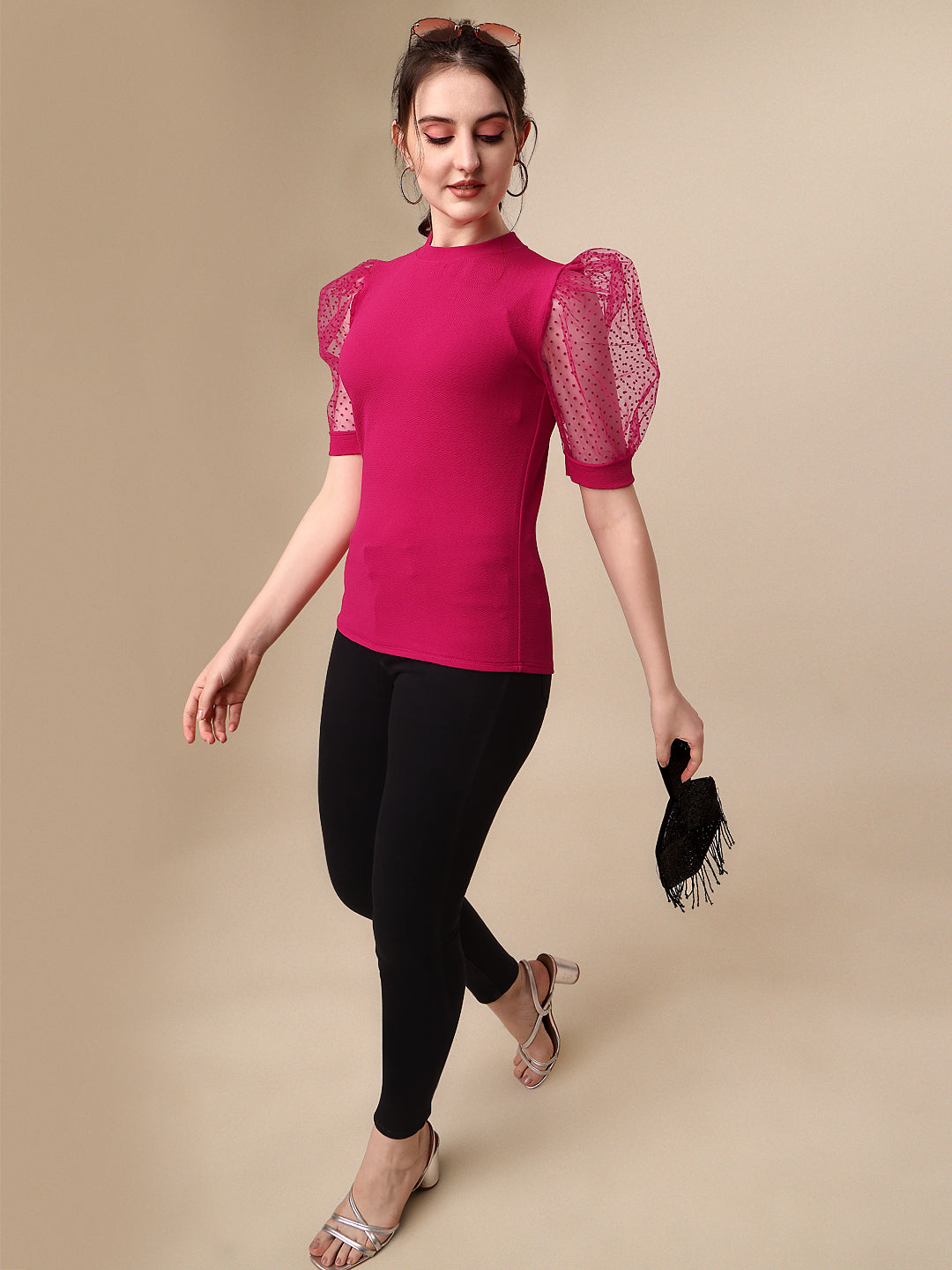 Slim Fit Puff Sleeves Round Neck Solid Women Top