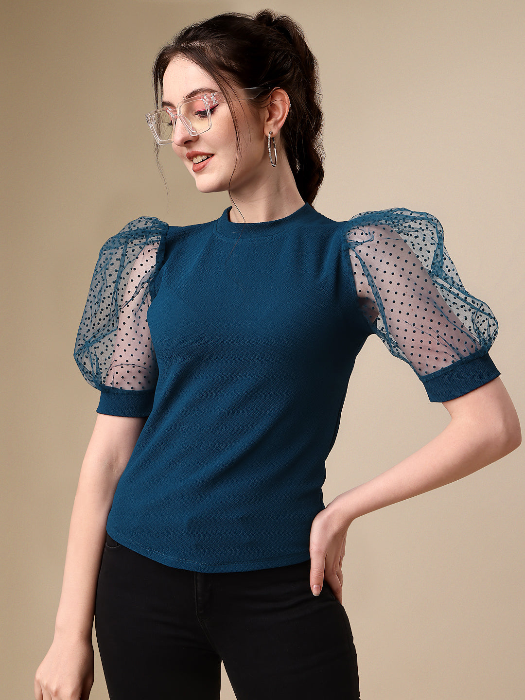 Slim Fit Puff Sleeves Round Neck Solid Women Top