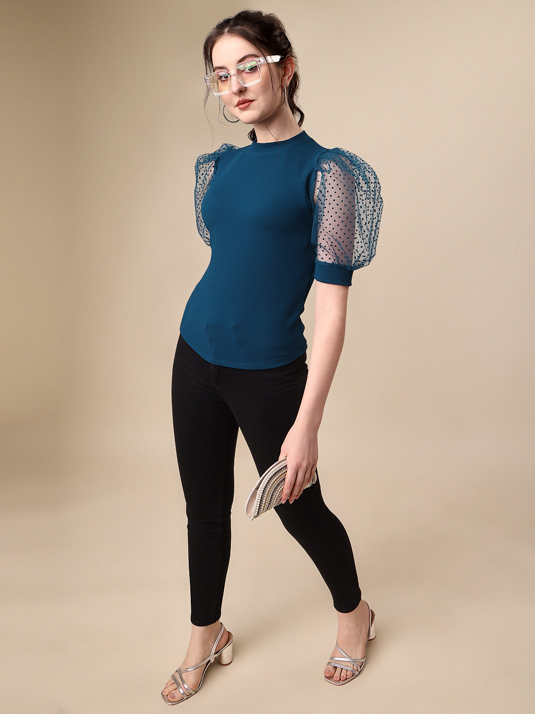 Slim Fit Puff Sleeves Round Neck Solid Women Top