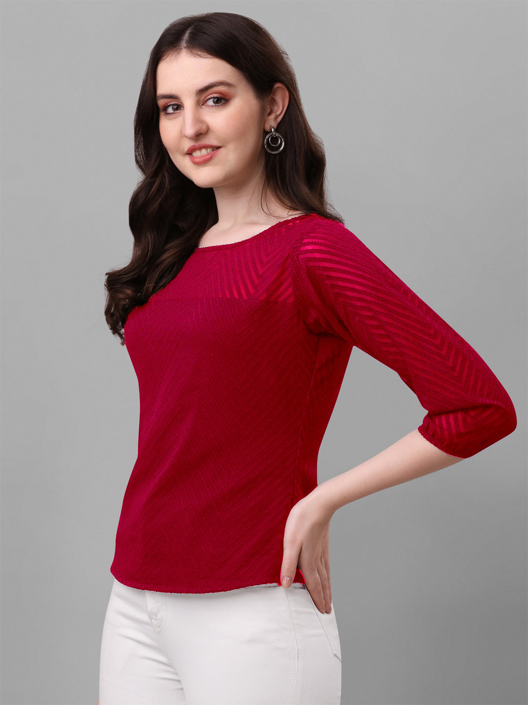 Casual Georgette Self Design Round Neck Regular Top Women