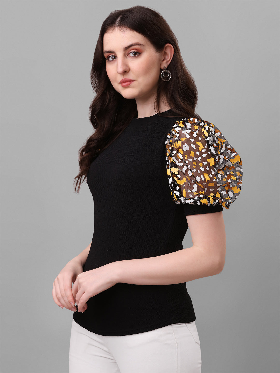 Self Design Round Neck Puff Sleeves Printed Women Black Top