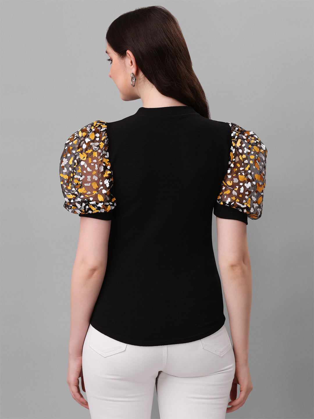 Self Design Round Neck Puff Sleeves Printed Women Black Top