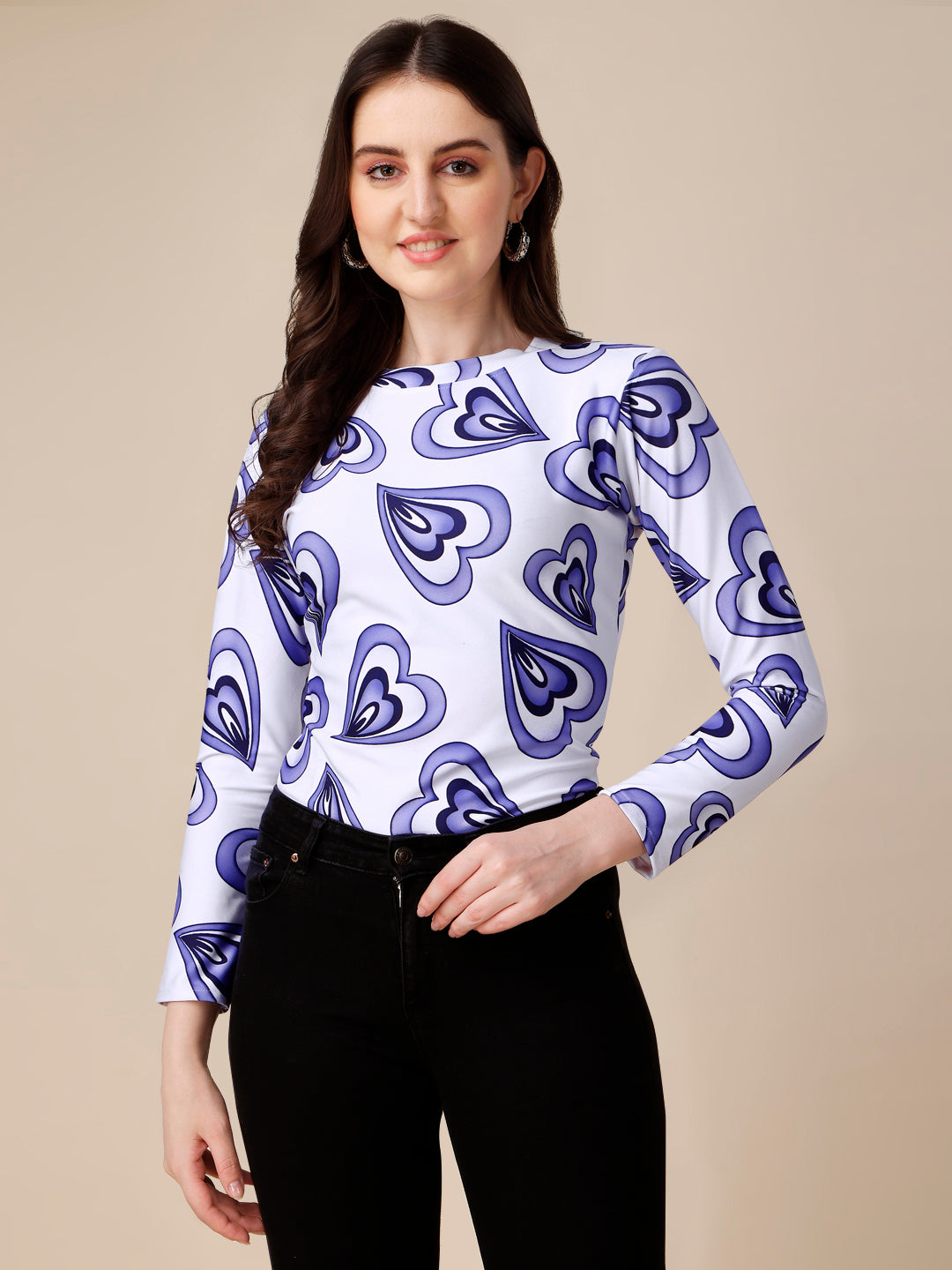 Casual Full Sleeves High Neck Marble Printed Women Top