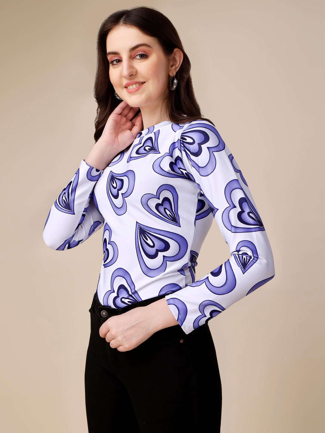 Casual Full Sleeves High Neck Marble Printed Women Top