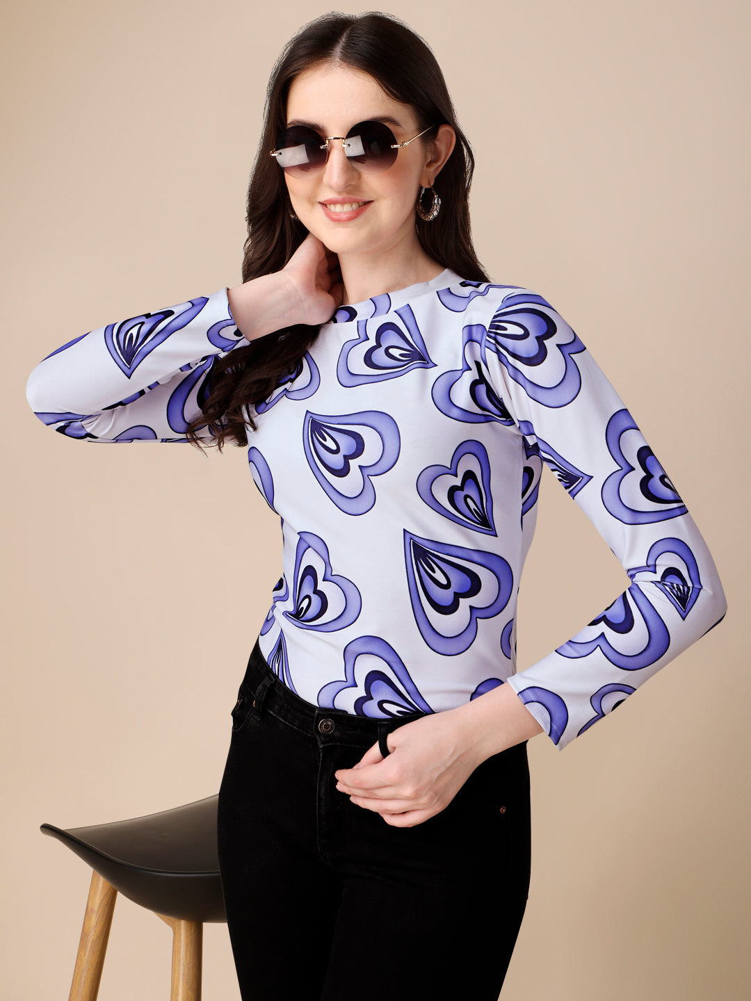 Casual Full Sleeves High Neck Marble Printed Women Top