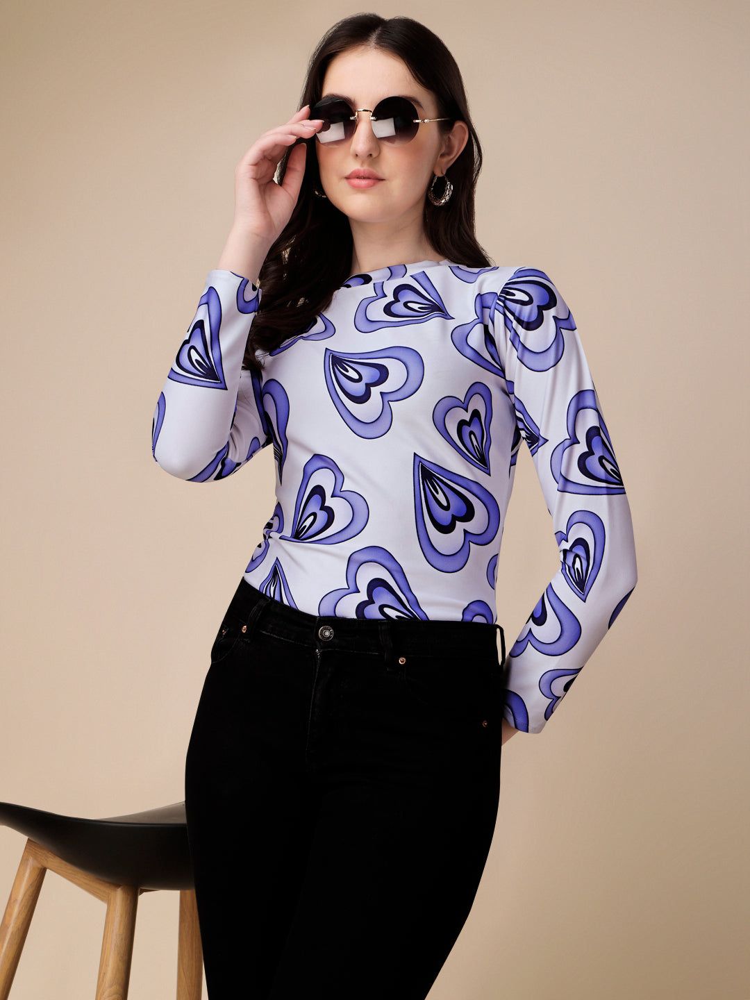 Casual Full Sleeves High Neck Marble Printed Women Top