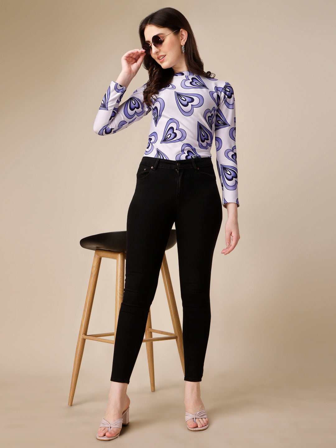 Casual Full Sleeves High Neck Marble Printed Women Top