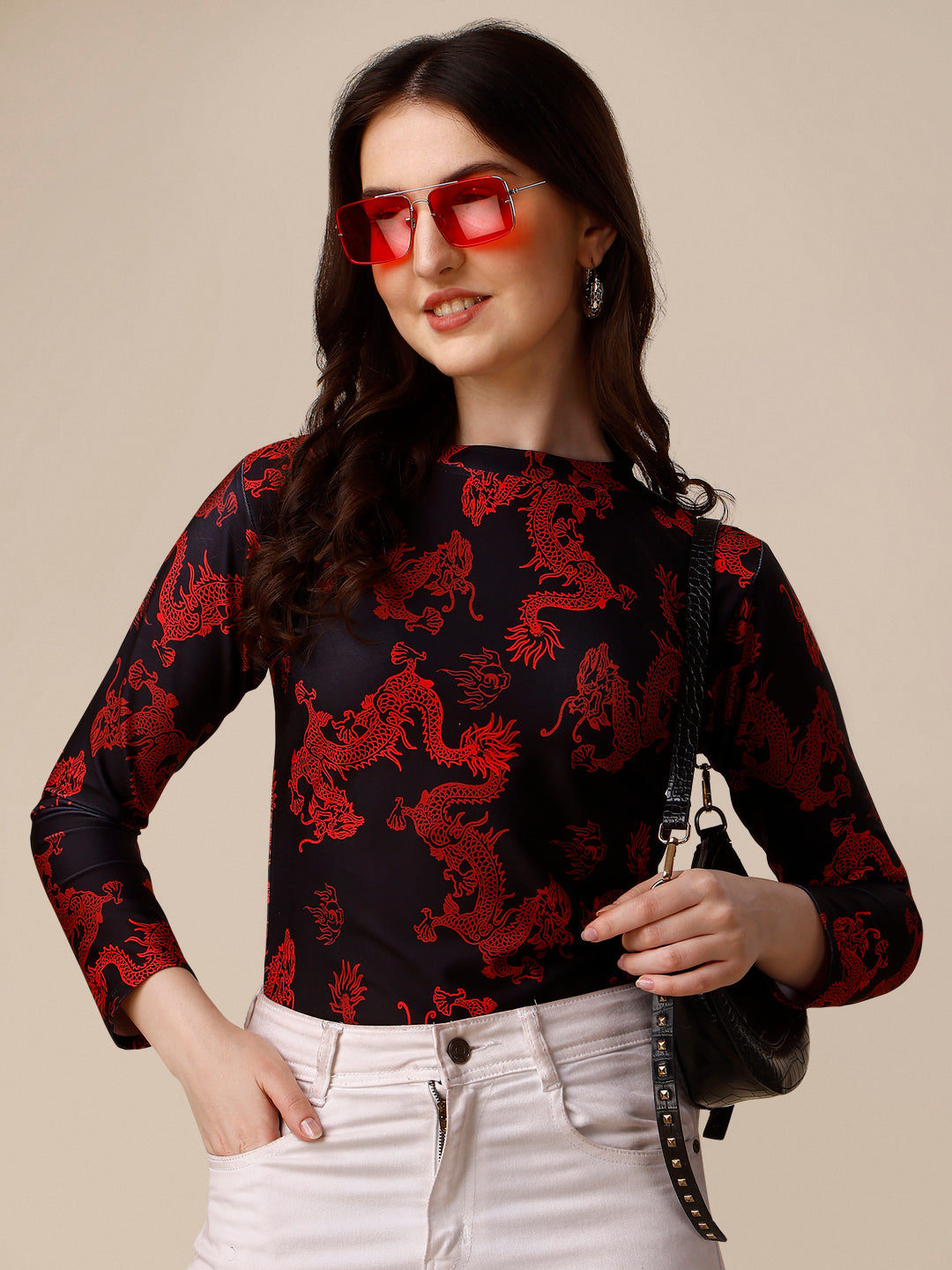 Casual Full Sleeves High Neck Marble Printed Women Top