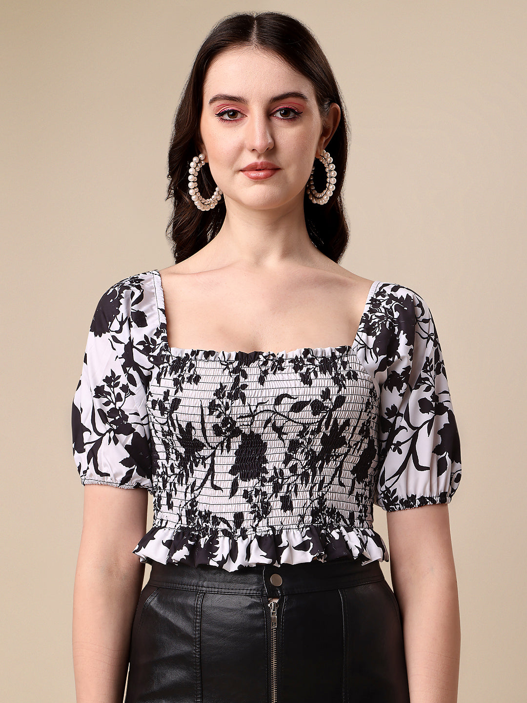 Casual Puff Sleeves Printed Women White,Black Top