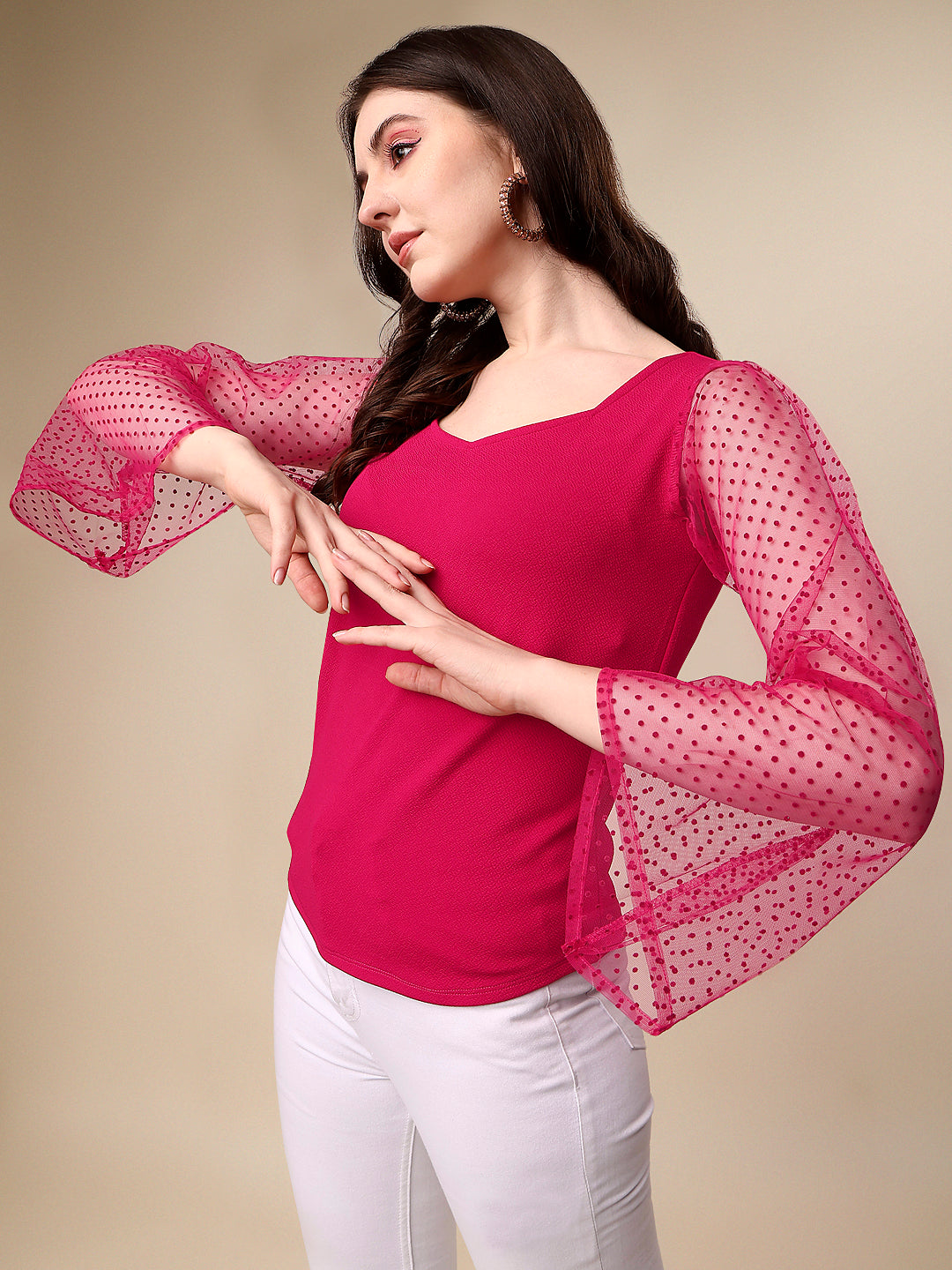 Casual Butterfly Sleeves Solid Women Pink Top