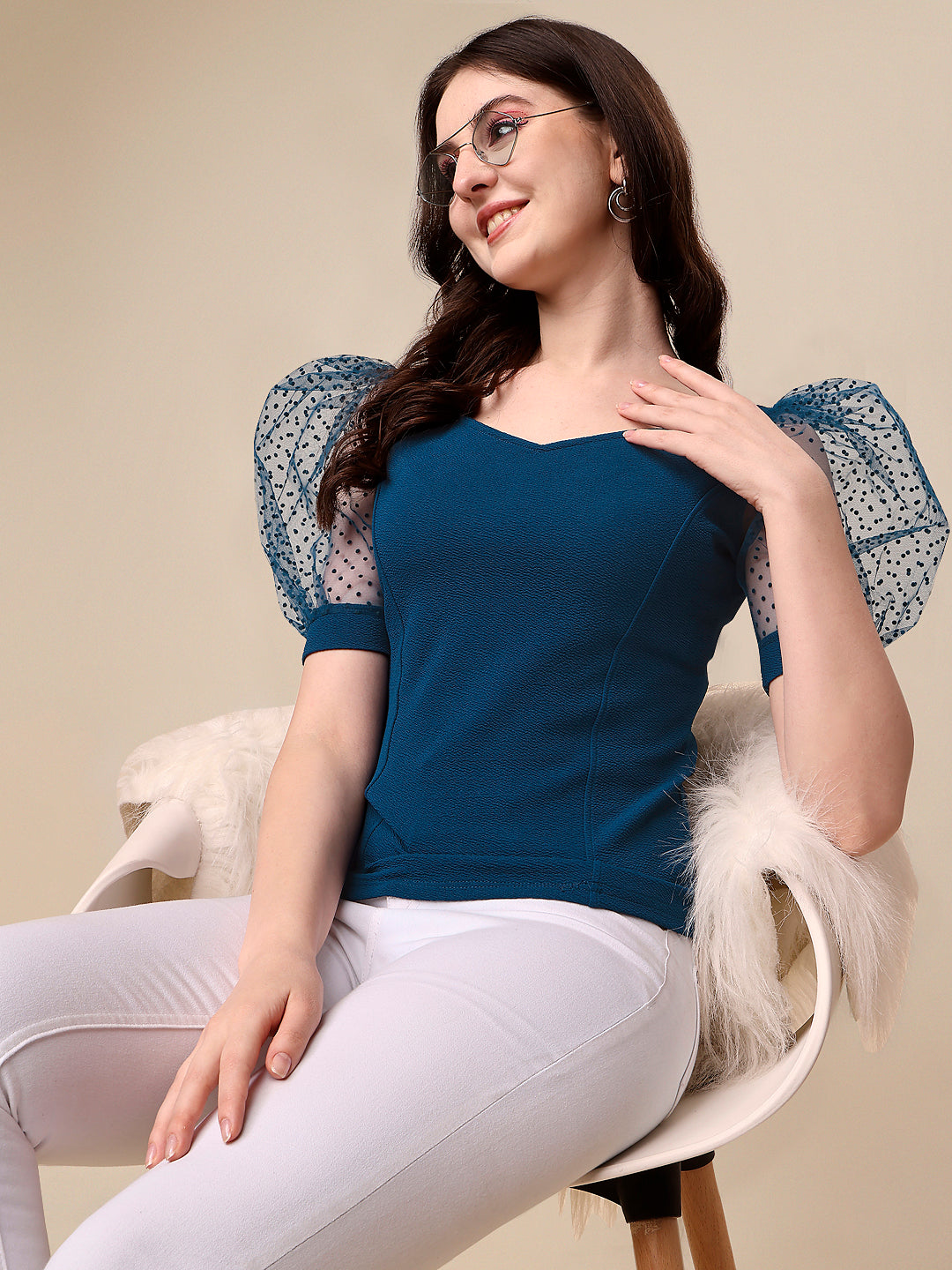 Casual Puff Sleeves Solid Sweetheart Neck Women Dark Blue Top