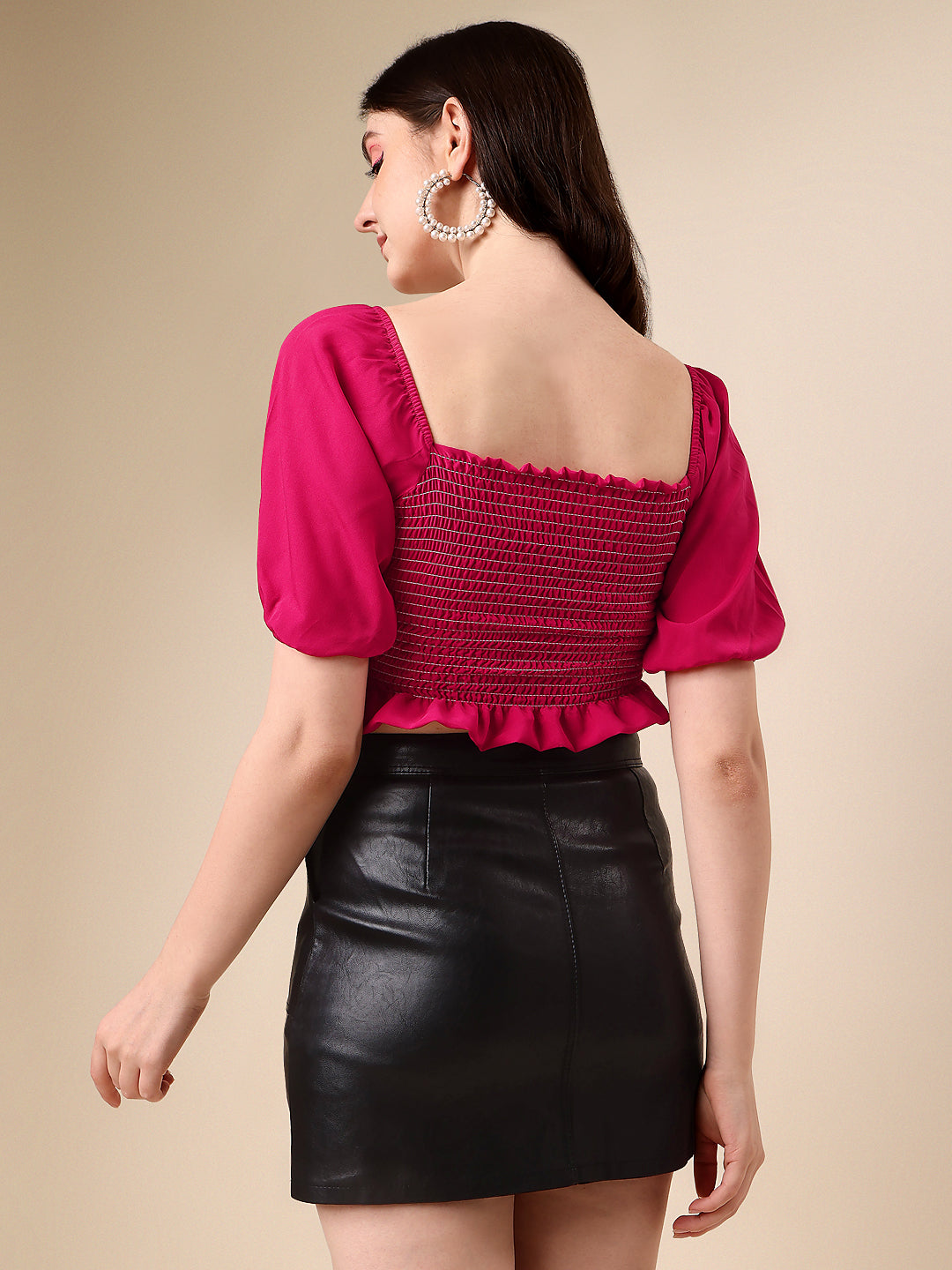 Casual Puff Sleeves Solid Women Pink Smoking Crop Top