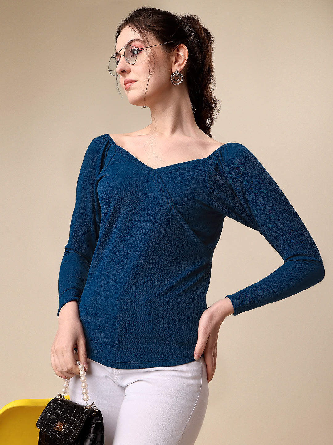 Casual  Full Sleeve Solid Sweetheart Neck Women Dark Blue Top