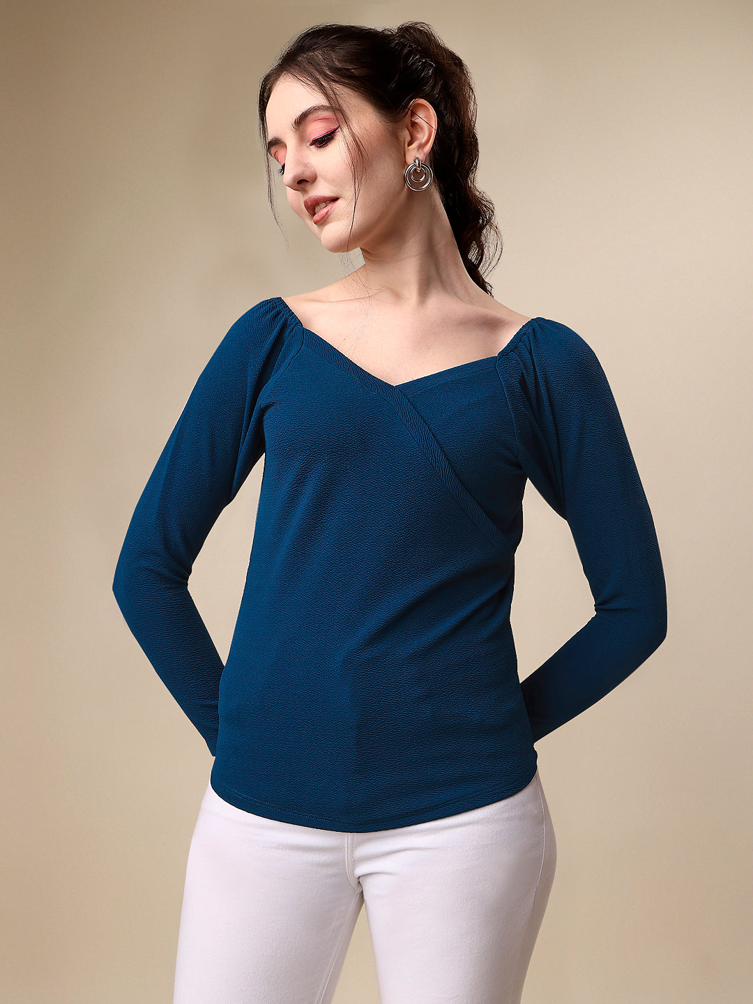 Casual  Full Sleeve Solid Sweetheart Neck Women Dark Blue Top