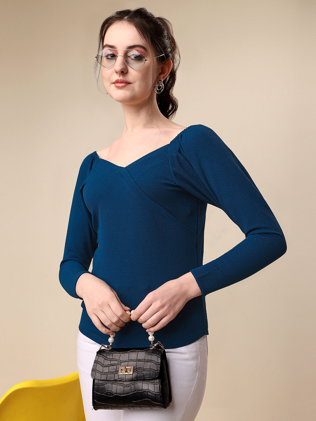 Casual  Full Sleeve Solid Sweetheart Neck Women Dark Blue Top