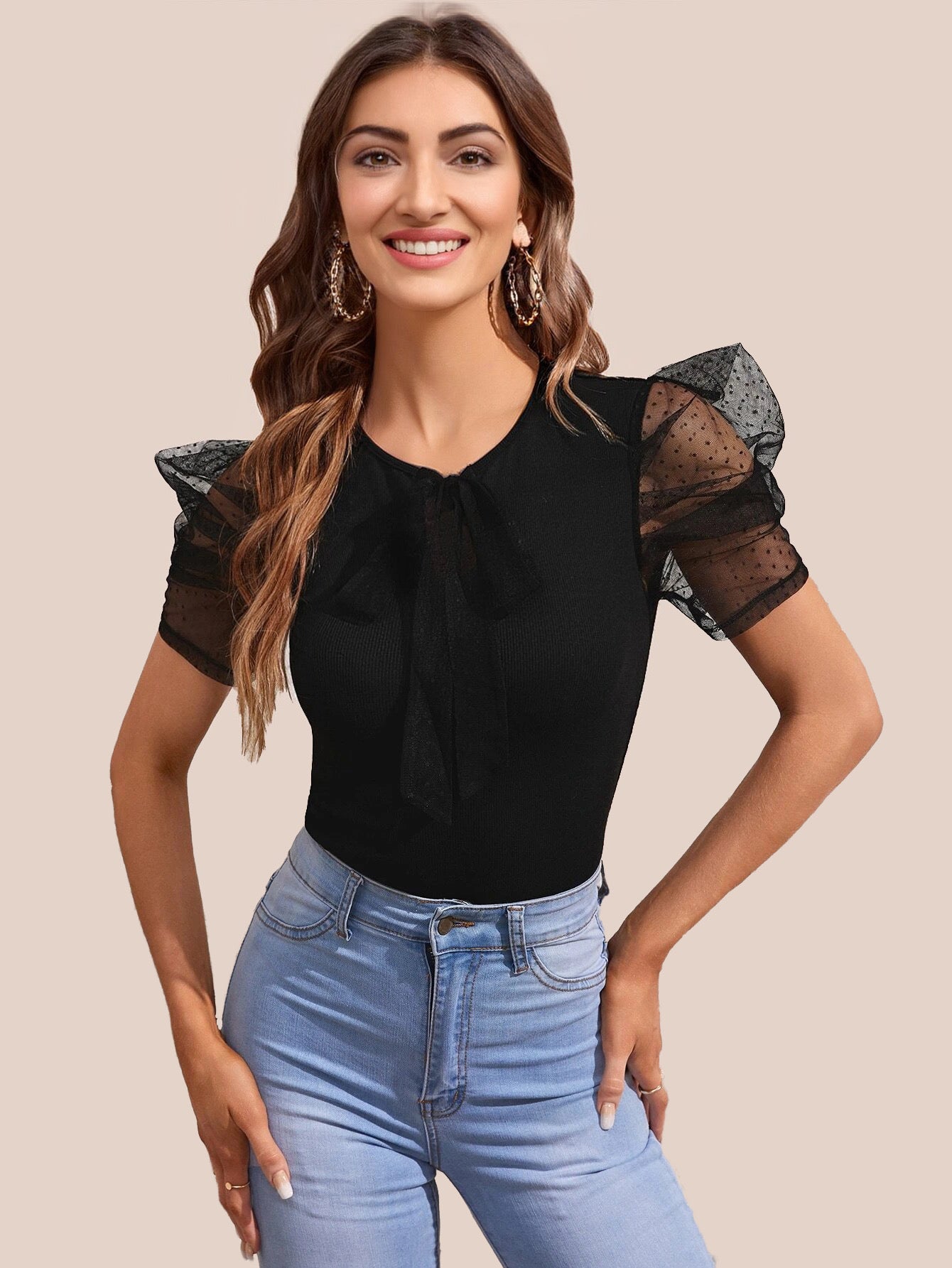 Casual Puff Sleeves Solid Women Black Top