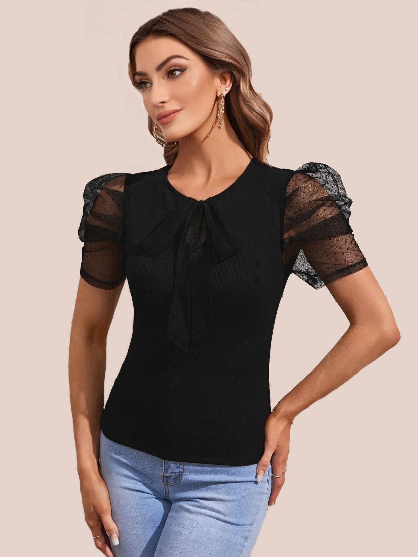 Casual Puff Sleeves Solid Women Black Top