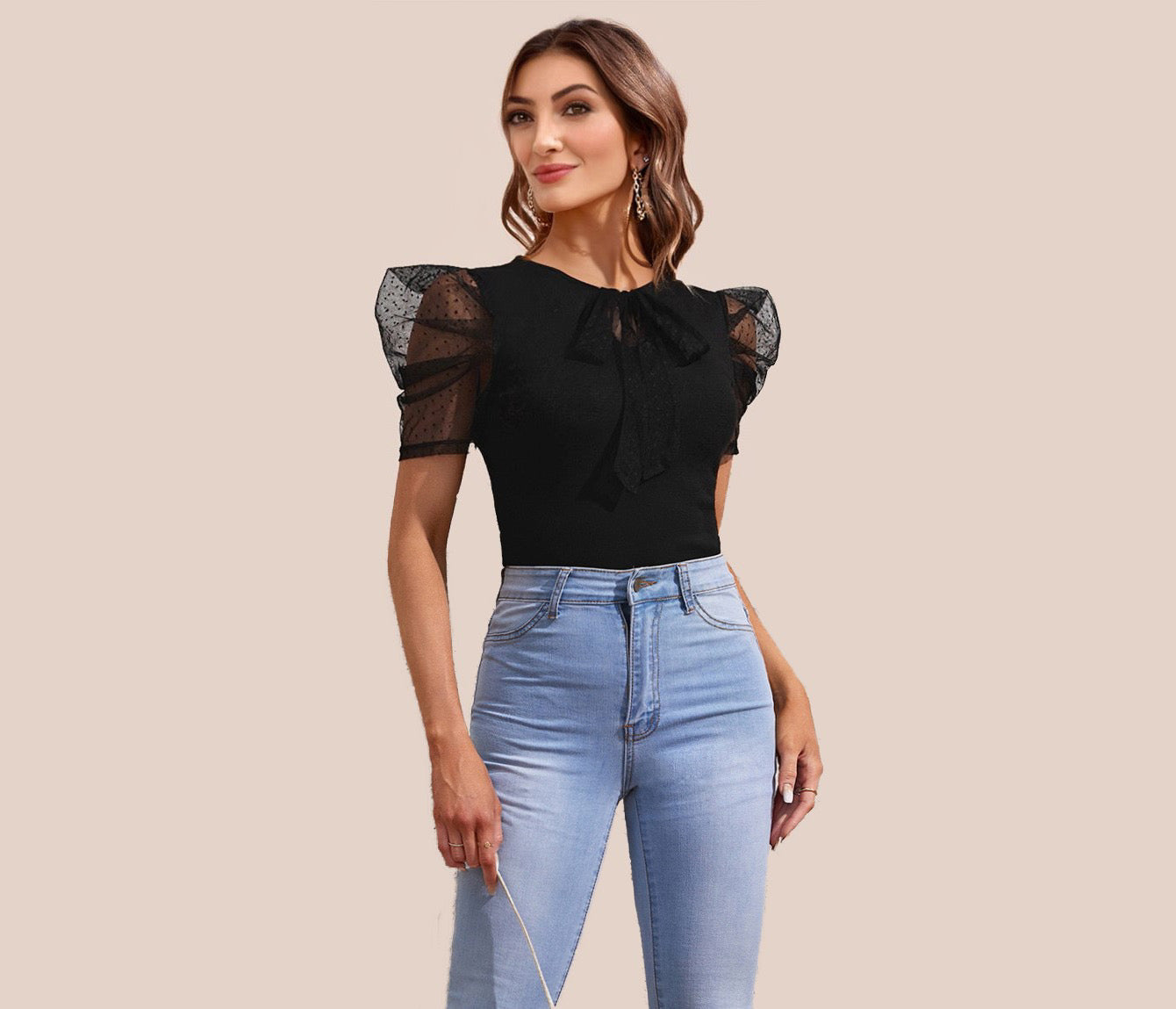 Casual Puff Sleeves Solid Women Black Top