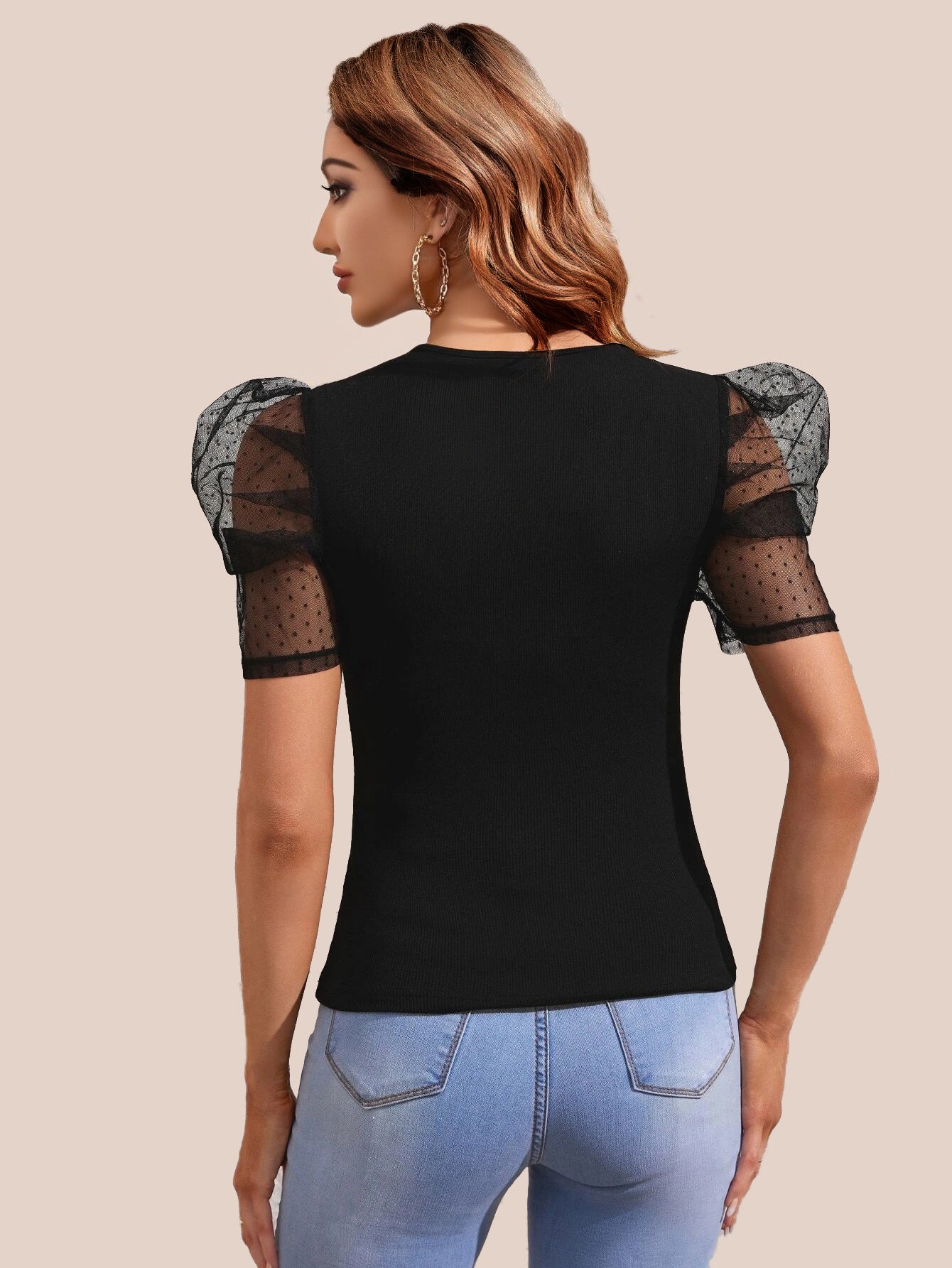 Casual Puff Sleeves Solid Women Black Top