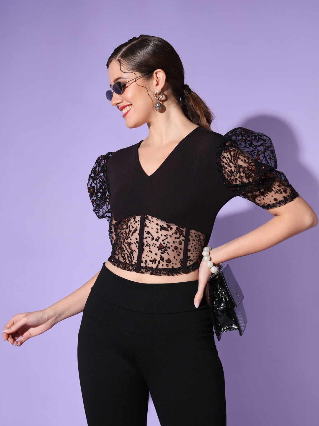 Casual Puff Sleeves Self Design Women Black Top