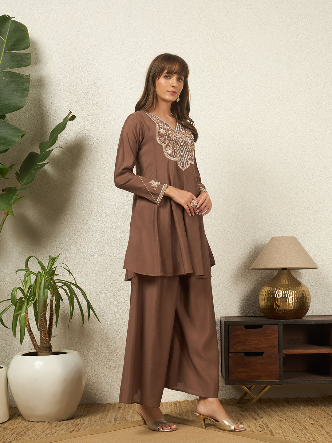 Women's Coffee Brown Hand Work A-Line Top Palazzo with Dupatta Set Ethnic Suit Set for Festive, Wedding & Party Wear