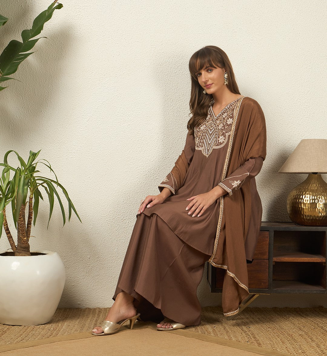 Women's Coffee Brown Hand Work A-Line Top Palazzo with Dupatta Set Ethnic Suit Set for Festive, Wedding & Party Wear