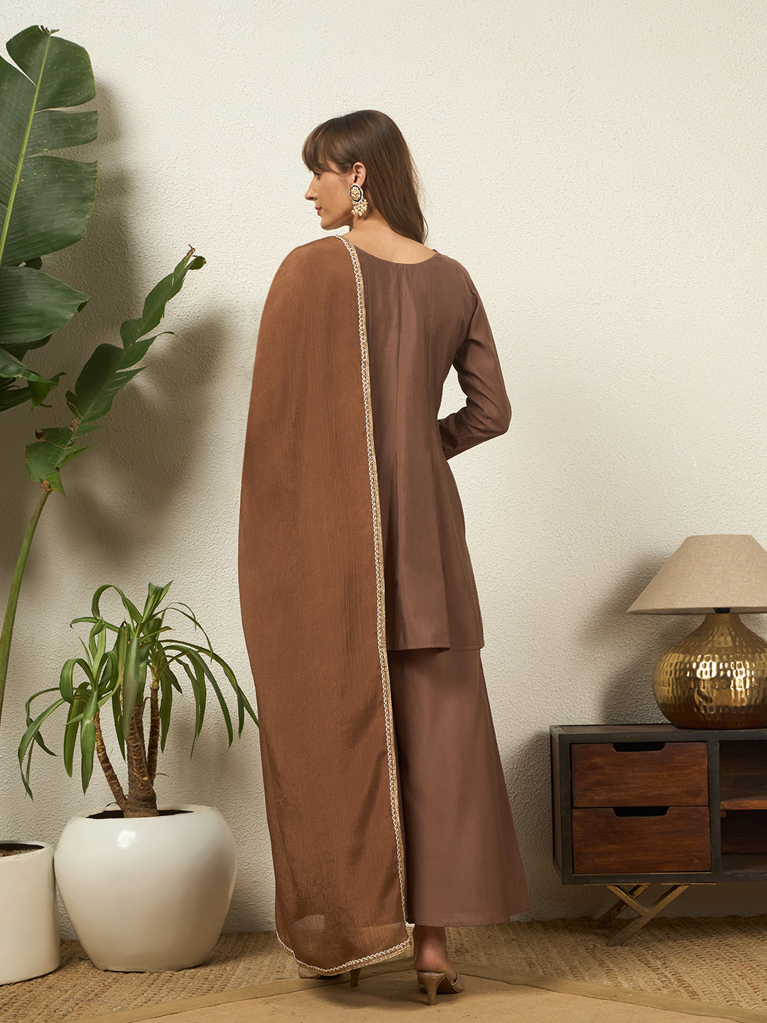 Women's Coffee Brown Hand Work A-Line Top Palazzo with Dupatta Set Ethnic Suit Set for Festive, Wedding & Party Wear