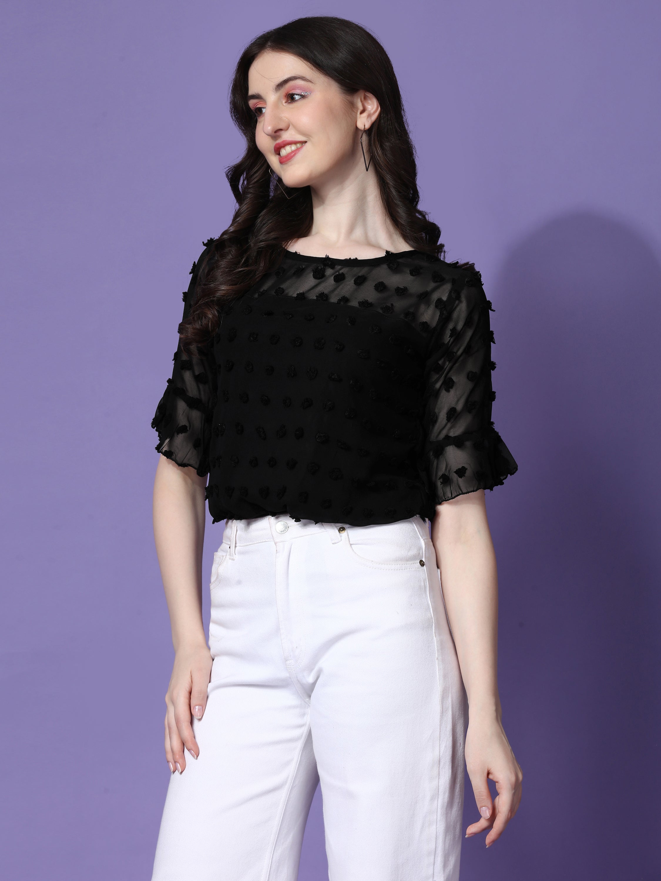 Casual Ruffled Sleeves Georgette Butti Women Top