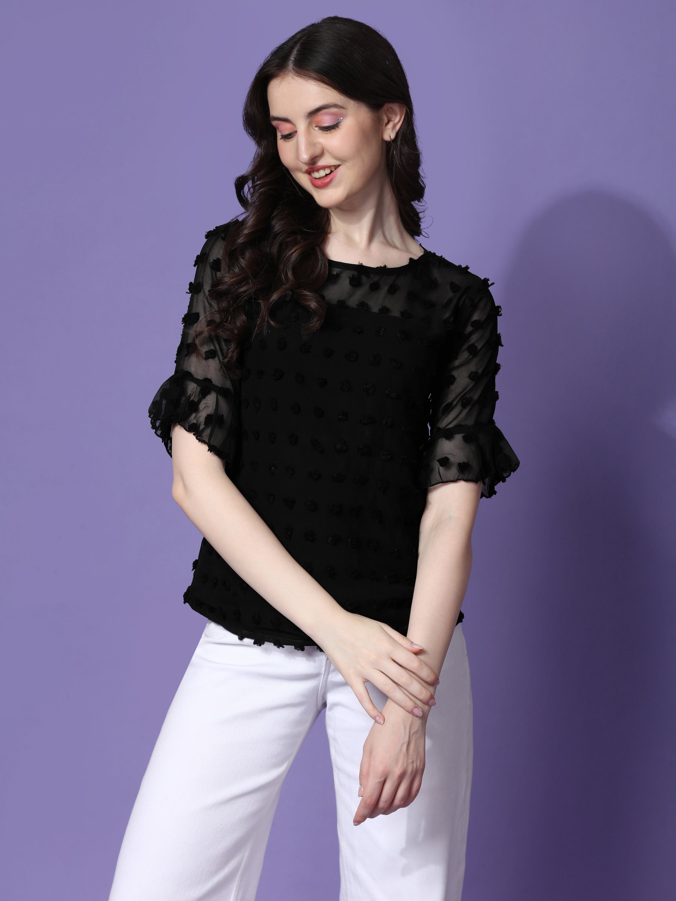 Casual Ruffled Sleeves Georgette Butti Women Top