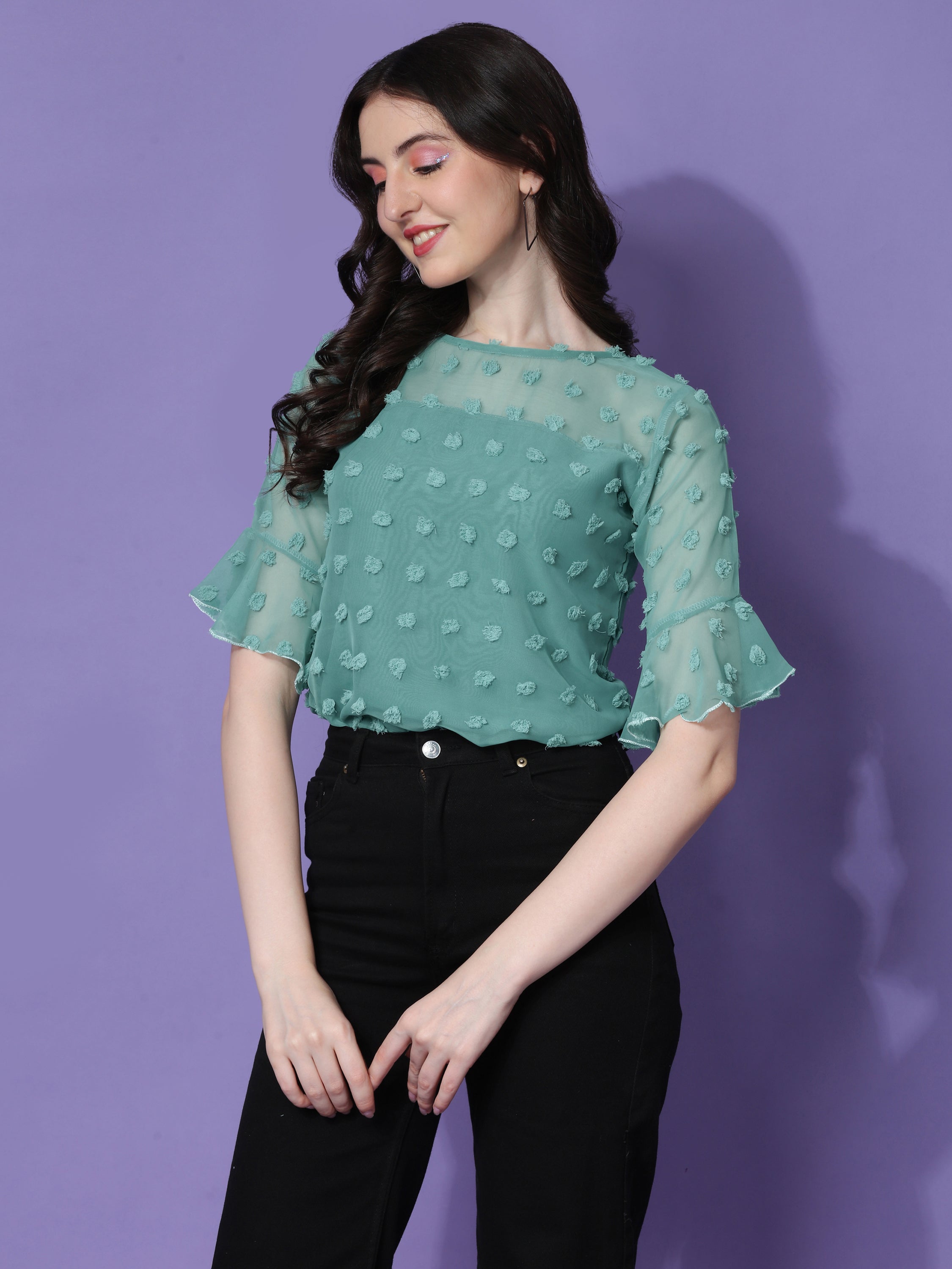 Casual Ruffled Sleeves Georgette Butti Women Top