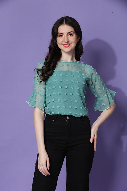 Casual Ruffled Sleeves Georgette Butti Women Top