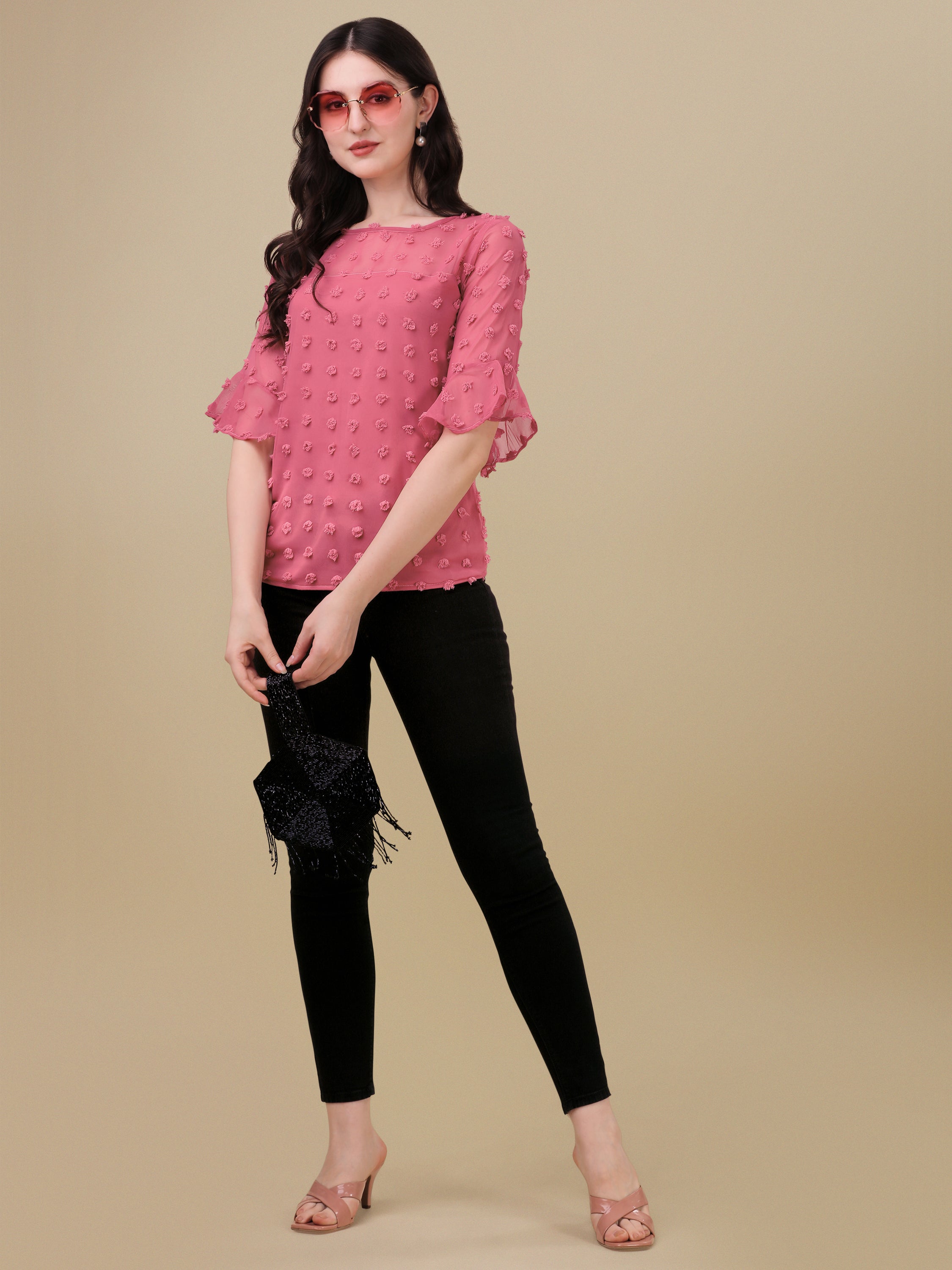 Casual Ruffled Sleeves Georgette Butti Women Top