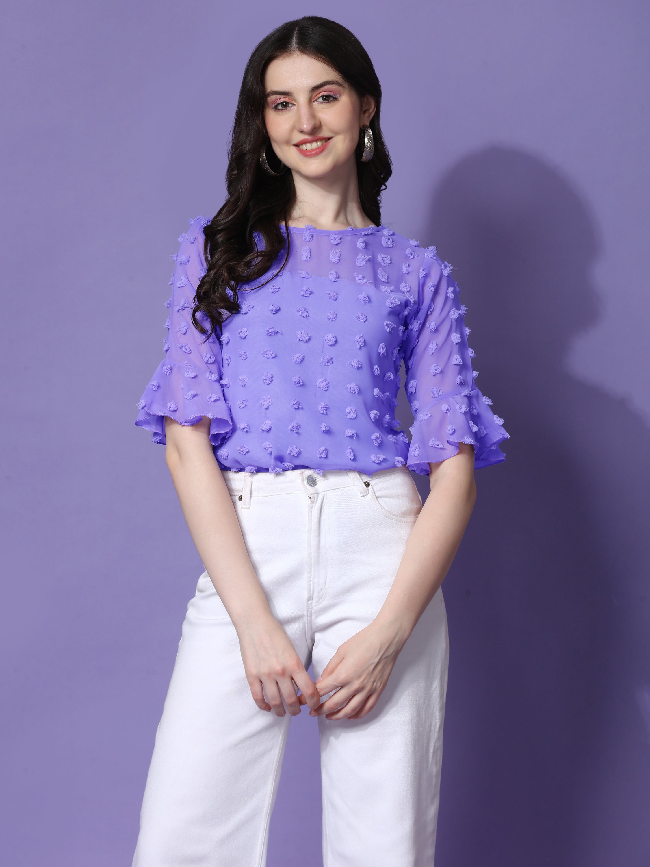 Casual Ruffled Sleeves Georgette Butti Women Top