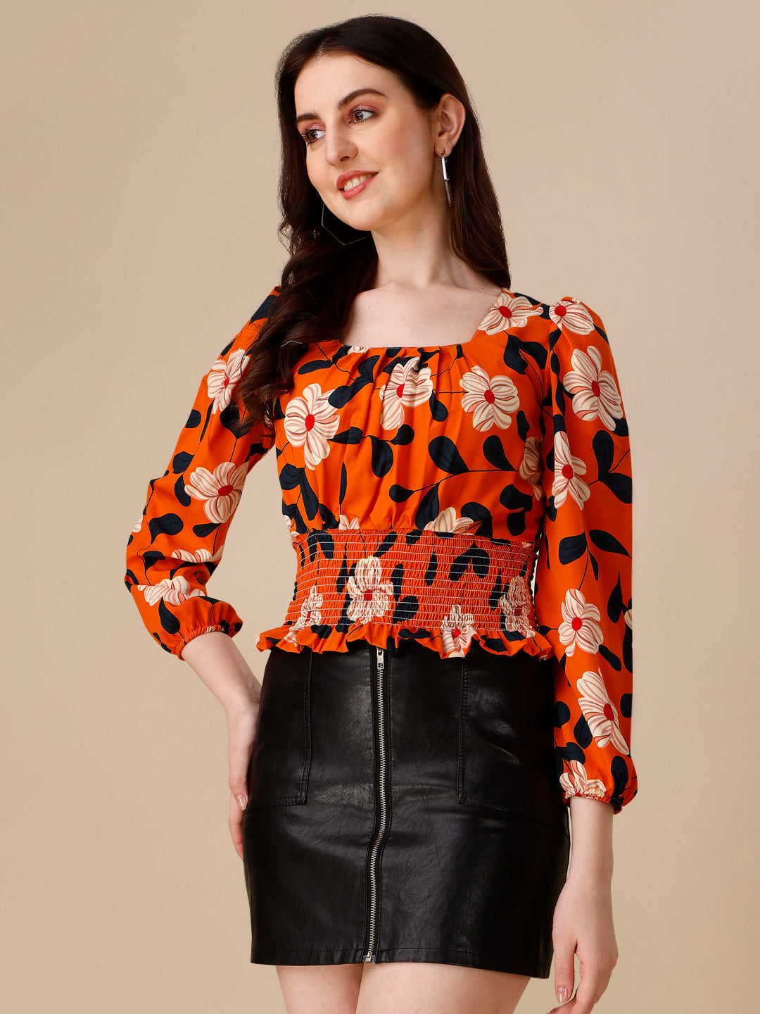 Floral Printed Square Neck Puff Sleeves Smocked Fitted Crop Top