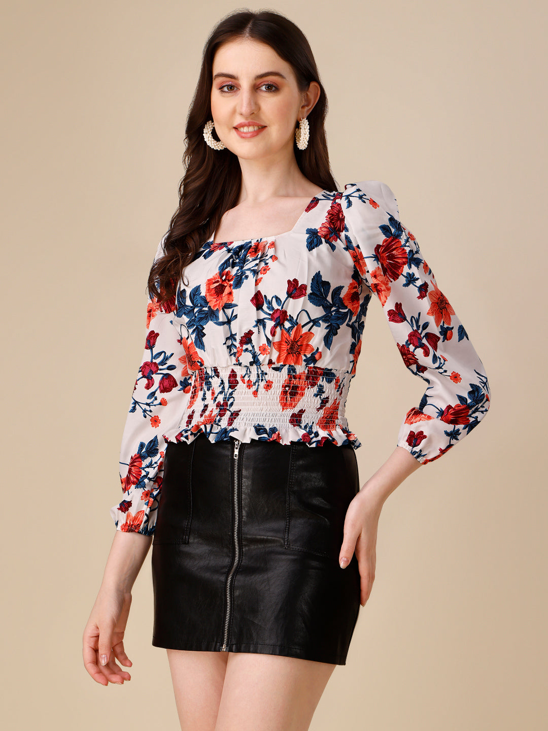 Floral Printed Square Neck Puff Sleeves Smocked Fitted Crop Top