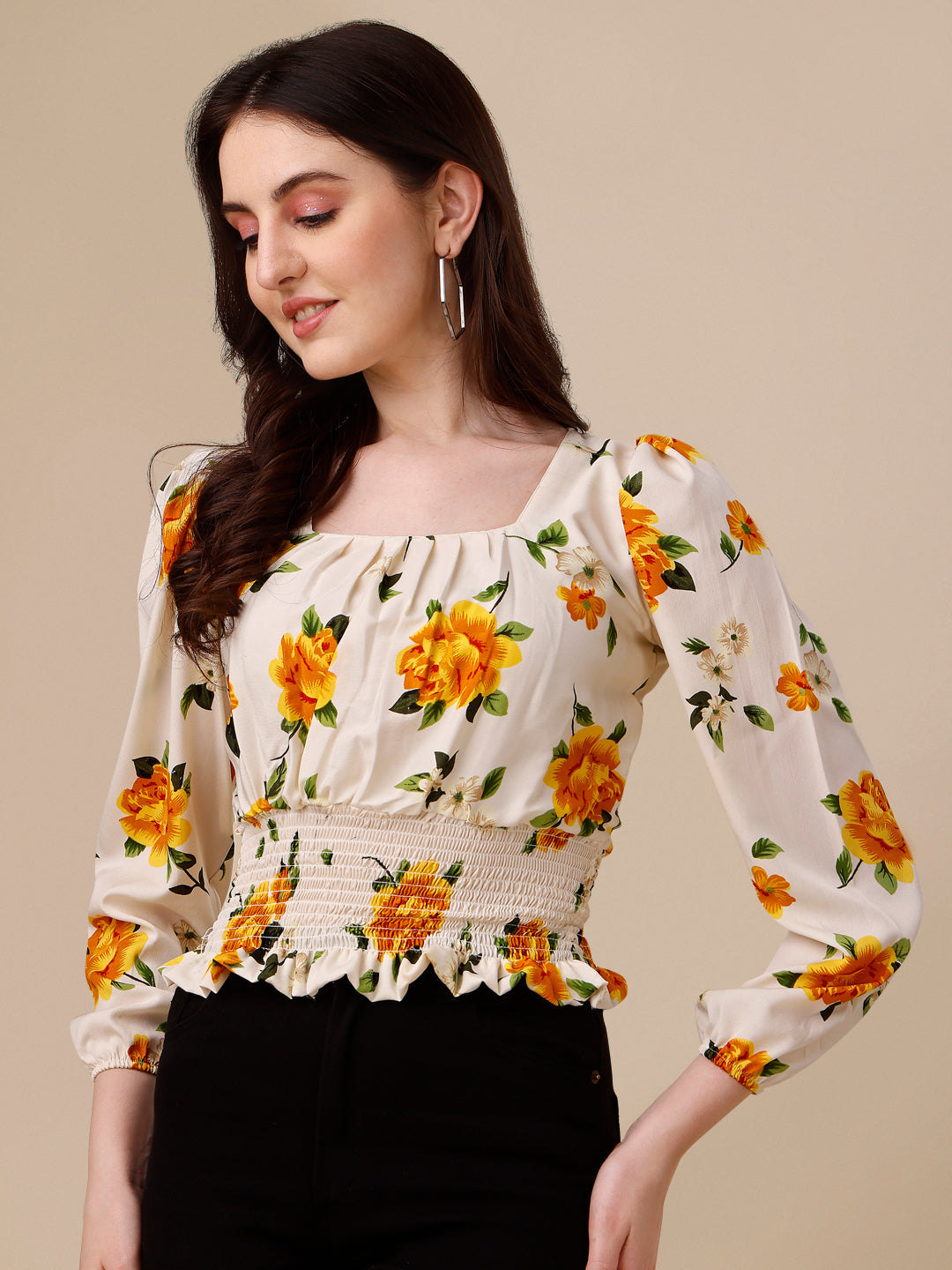 Floral Printed Square Neck Puff Sleeves Smocked Fitted Crop Top