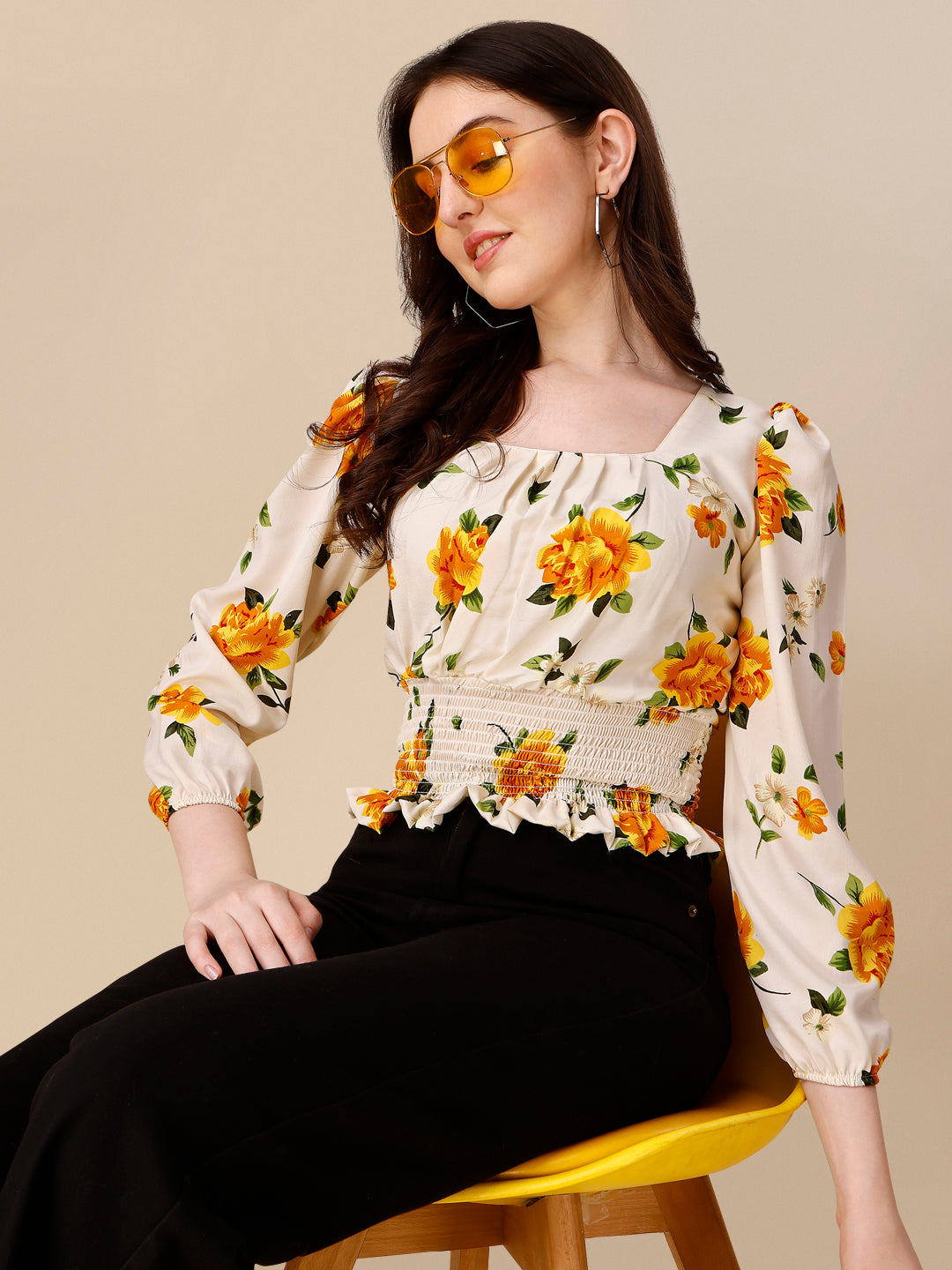 Floral Printed Square Neck Puff Sleeves Smocked Fitted Crop Top