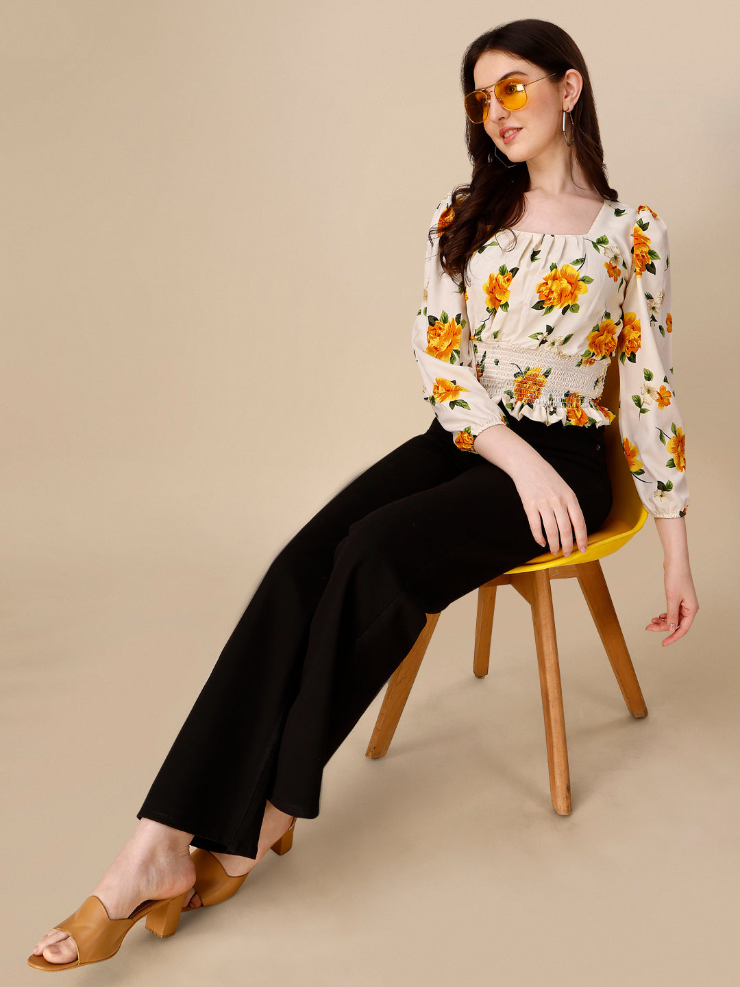 Floral Printed Square Neck Puff Sleeves Smocked Fitted Crop Top