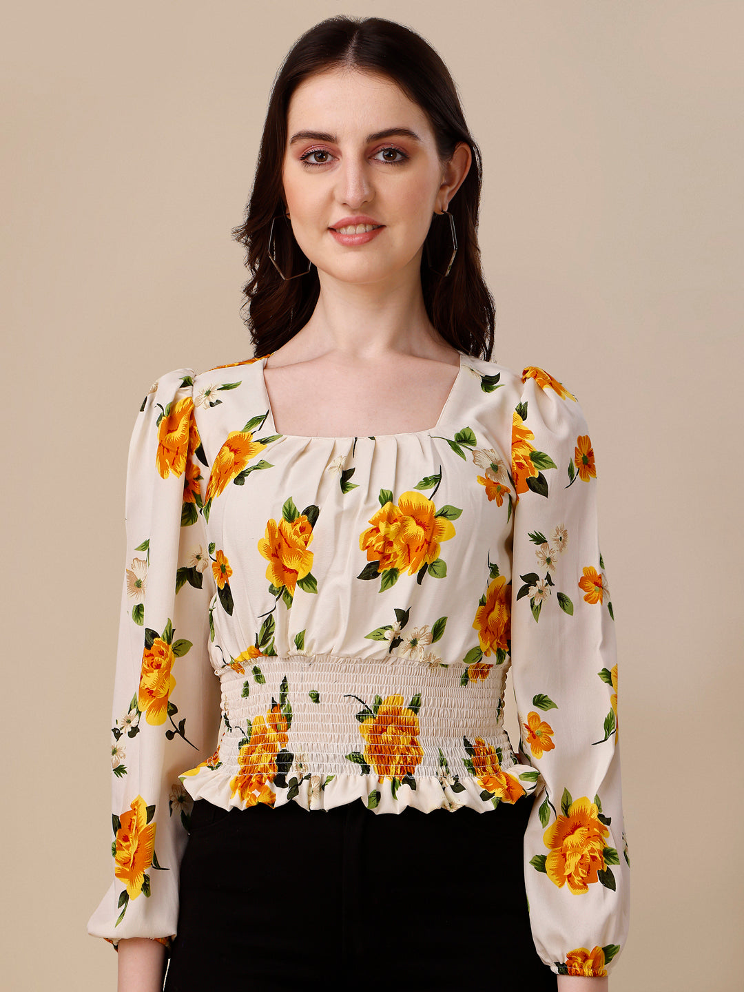 Floral Printed Square Neck Puff Sleeves Smocked Fitted Crop Top