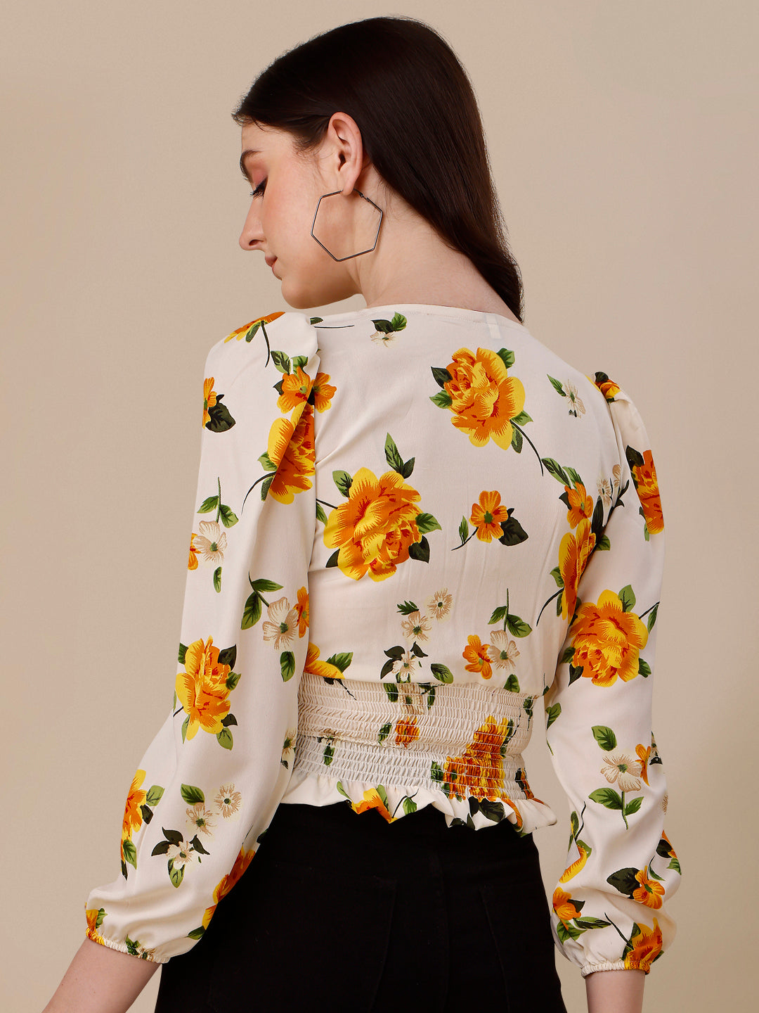 Floral Printed Square Neck Puff Sleeves Smocked Fitted Crop Top