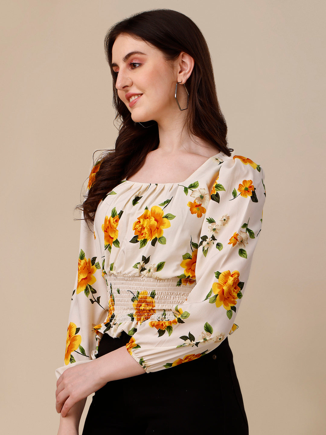 Floral Printed Square Neck Puff Sleeves Smocked Fitted Crop Top