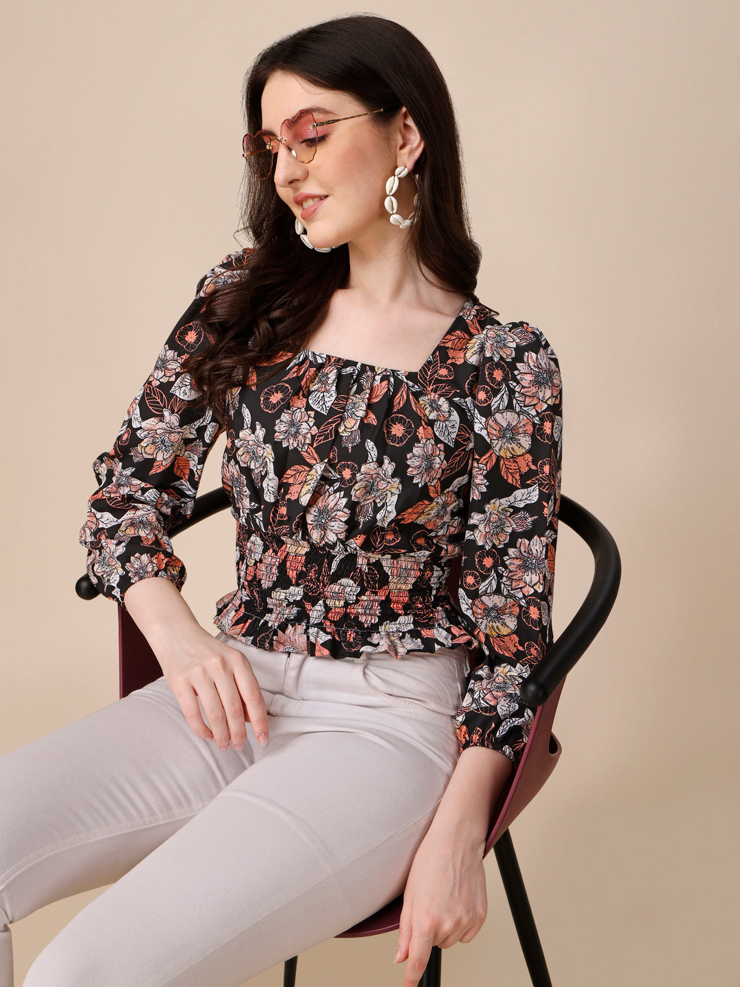 Floral Printed Square Neck Puff Sleeves Smocked Fitted Crop Top