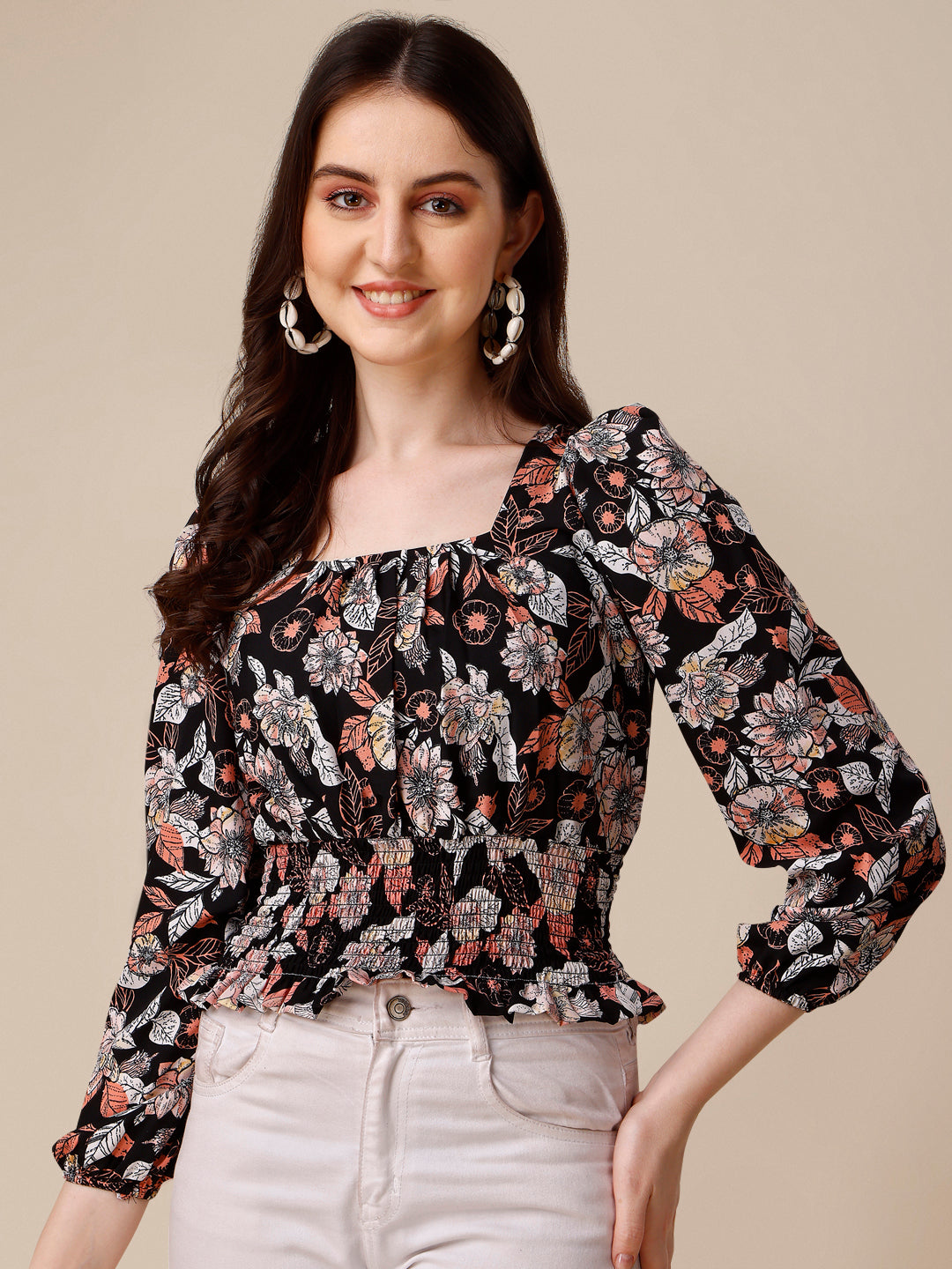 Floral Printed Square Neck Puff Sleeves Smocked Fitted Crop Top