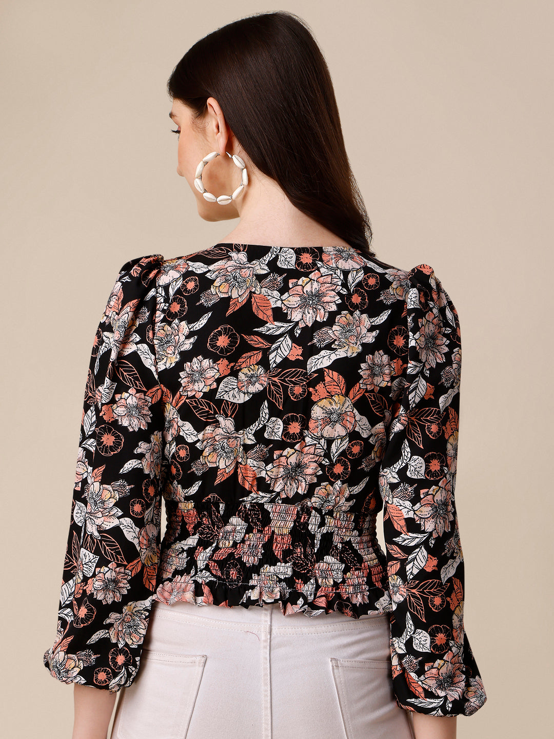 Floral Printed Square Neck Puff Sleeves Smocked Fitted Crop Top