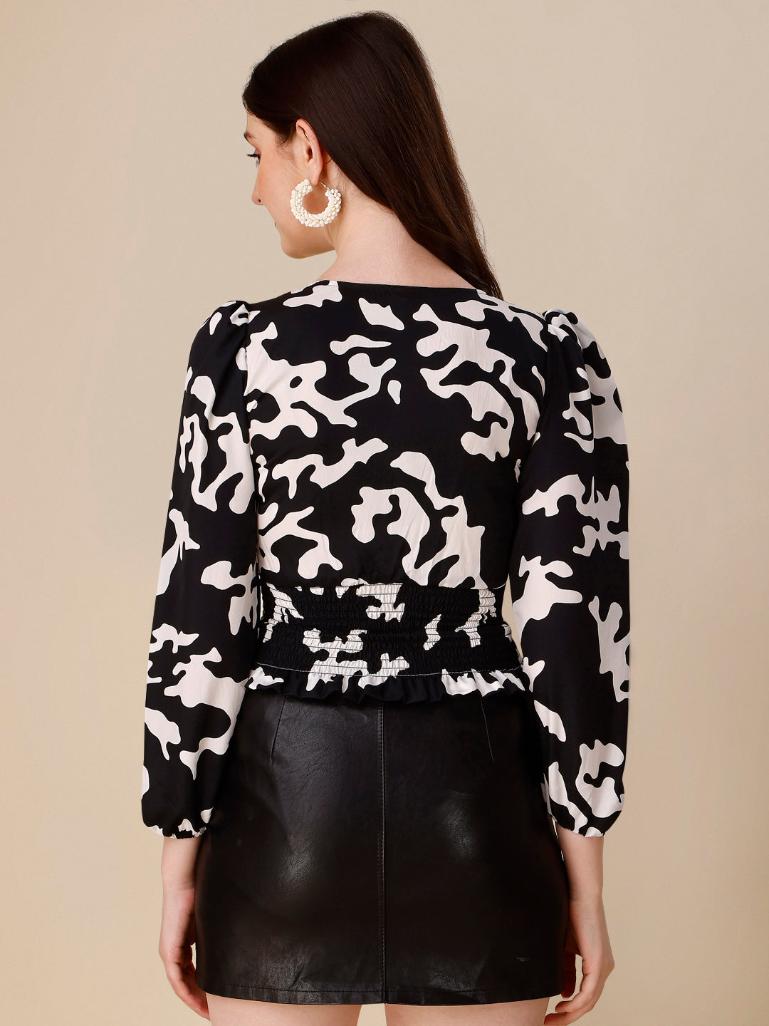 Floral Printed Square Neck Puff Sleeves Smocked Fitted Crop Top