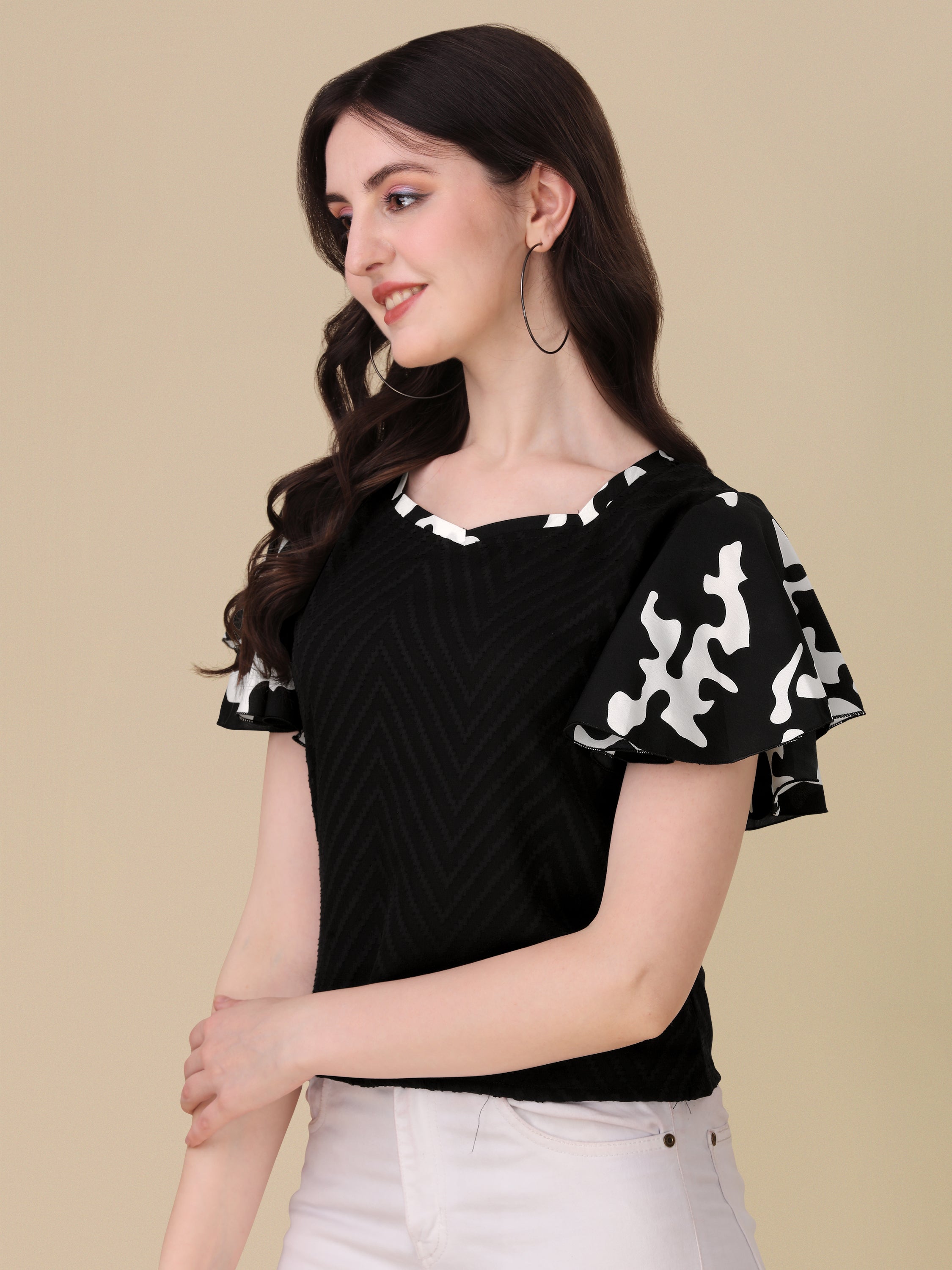 Casual Flared Sleeves Chevron/Zig Zag Women Black Top