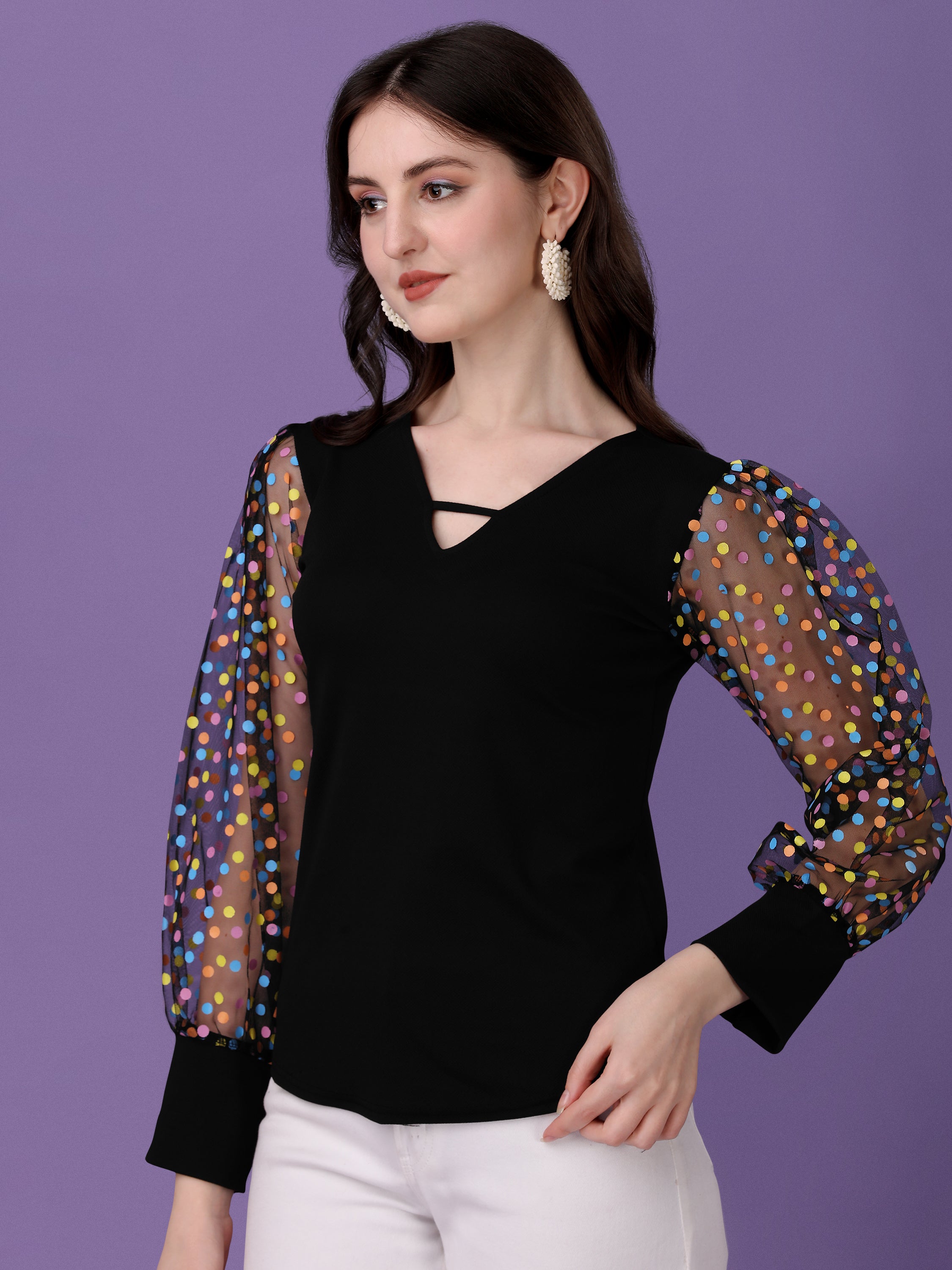 Casual  Fit Slim Regular Sleeves Solid, Polka Print Women Black Top