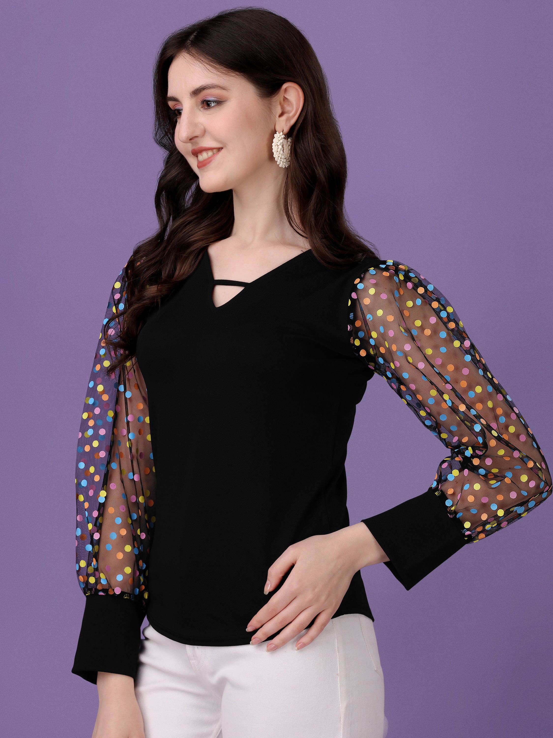 Casual  Fit Slim Regular Sleeves Solid, Polka Print Women Black Top