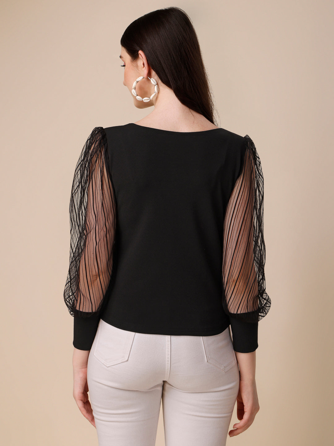 Casual Polyester Self Design Bishop Sleeve Solid Women Black Top